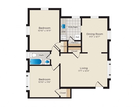 Floor plan for 2 beds, 1 bath, 741 sqft